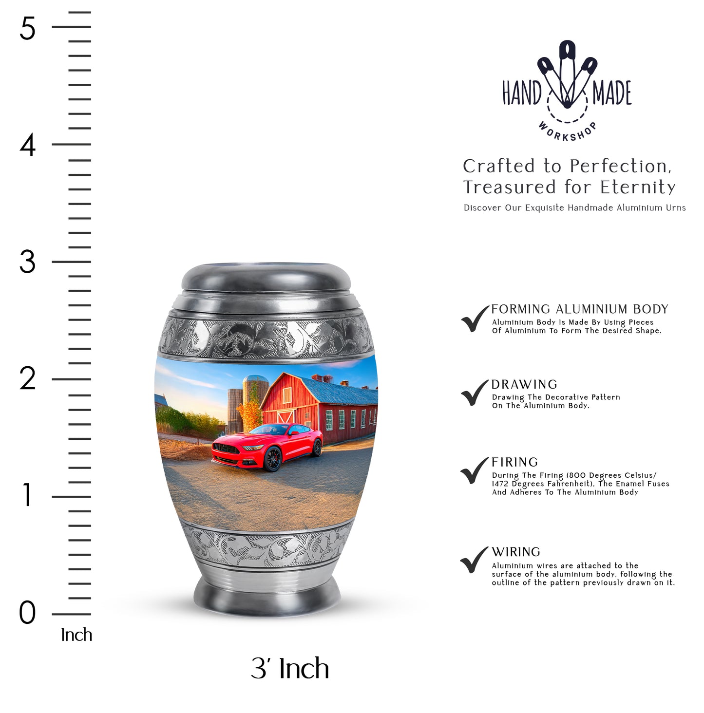 Cobalt Blue Car Cremation Urn lifestyle display on memorial shelf - royal car engraving with decorative scrollwork - mini keepsake memorial for portion of cremation ashes
