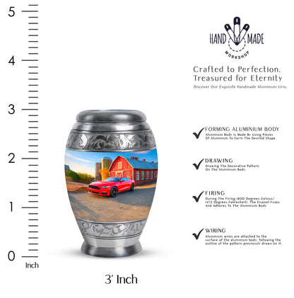 Cobalt Blue Car Cremation Urn lifestyle display on memorial shelf - royal car engraving with decorative scrollwork - mini keepsake memorial for portion of cremation ashes