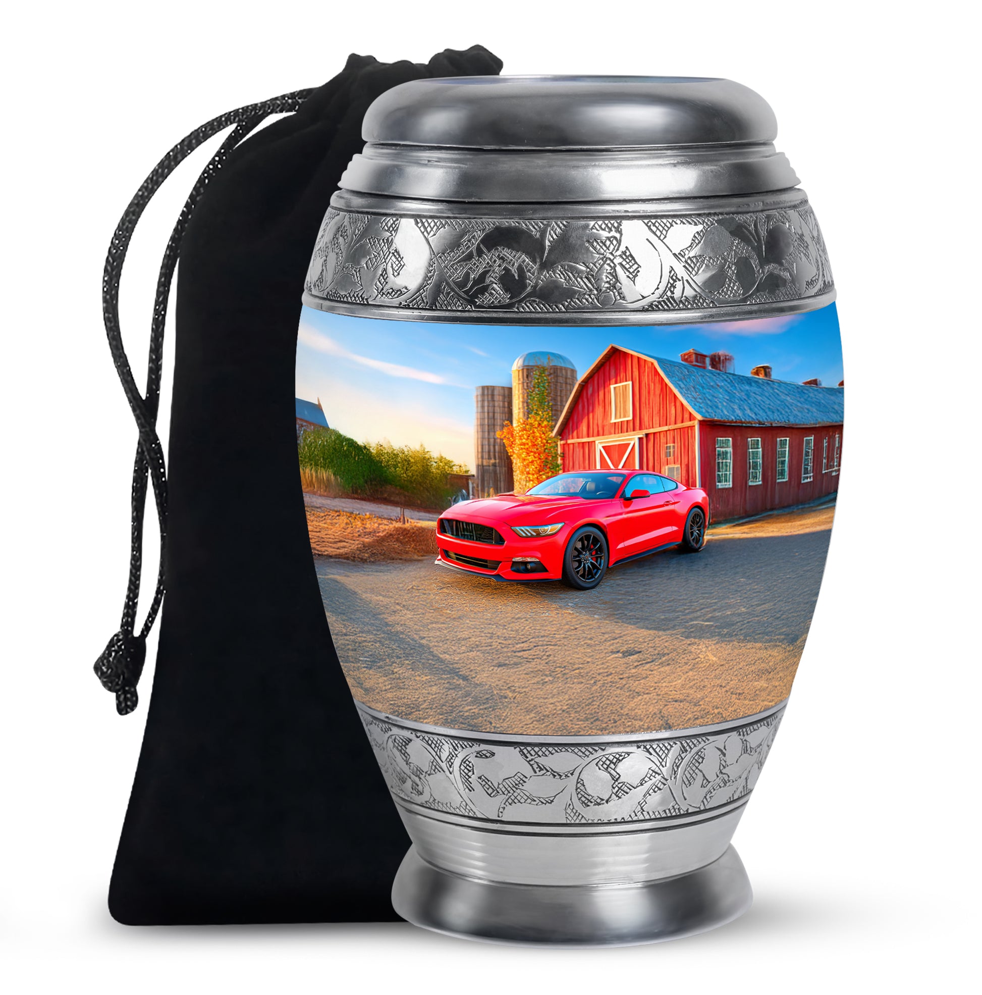 Slate Blue Car Cremation Urn back view with polished surface - regal car design with crown-inspired accents - full-size 10 inch 200 cubic inch adult cremation urn