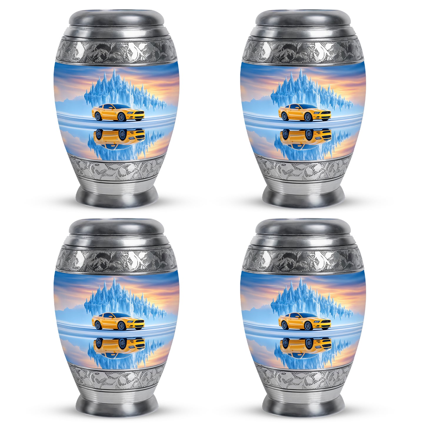 Azure Car Cremation Urn urn with complimentary velvet bag - regal car design with crown-inspired accents - 10 inch aluminum urn for cremated remains