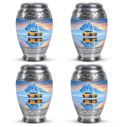 Azure Car Cremation Urn urn with complimentary velvet bag - regal car design with crown-inspired accents - 10 inch aluminum urn for cremated remains