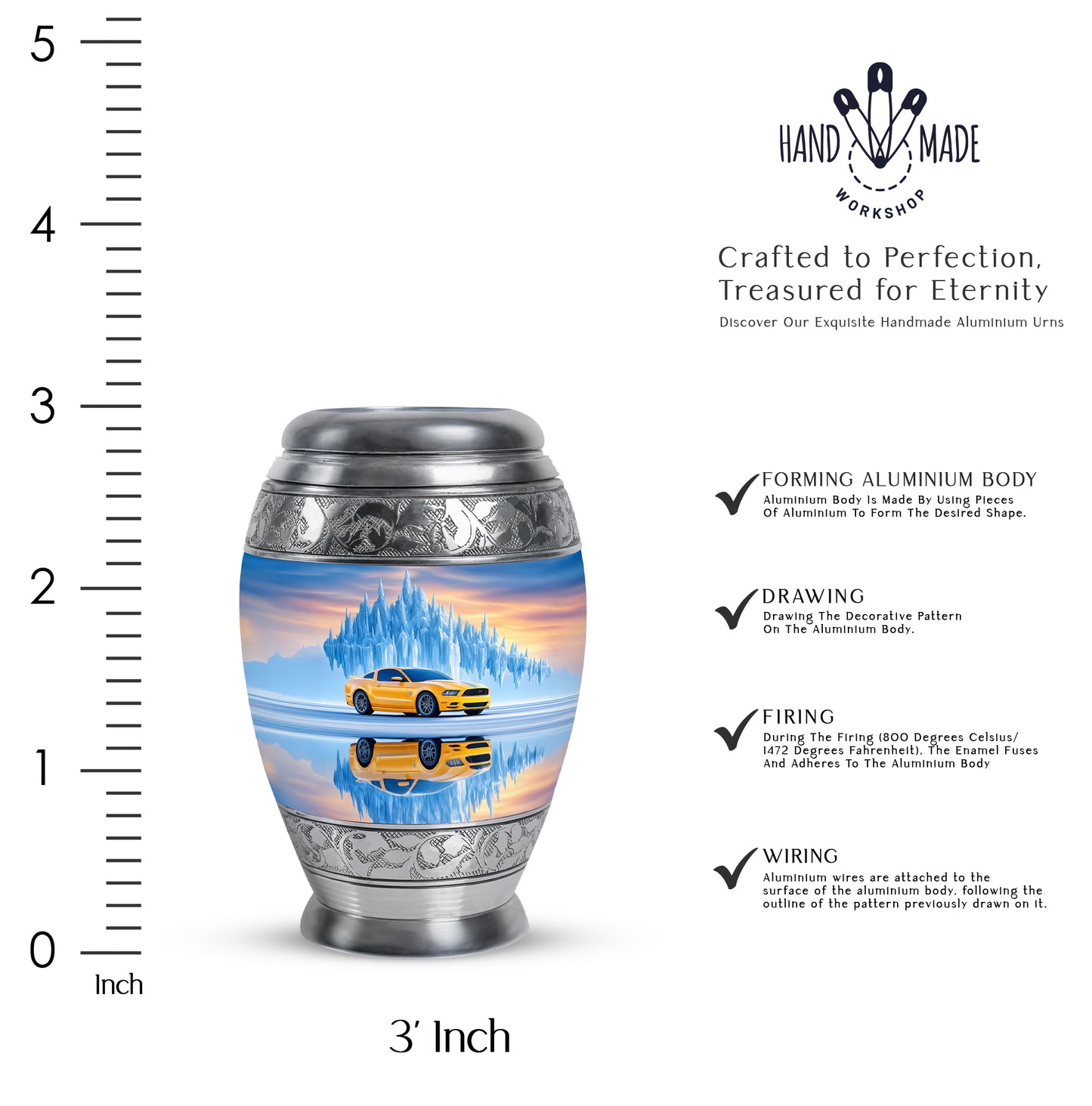 Bright Blue Car Cremation Urn lifestyle display on memorial shelf - royal car engraving with decorative scrollwork - mini keepsake memorial for portion of cremation ashes