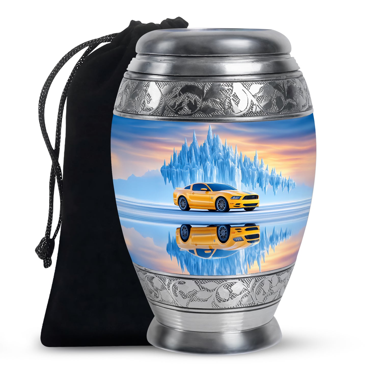 Steel Blue Car Cremation Urn back view with polished surface - majestic car pattern with filigree border - full-size 10 inch 200 cubic inch adult cremation urn