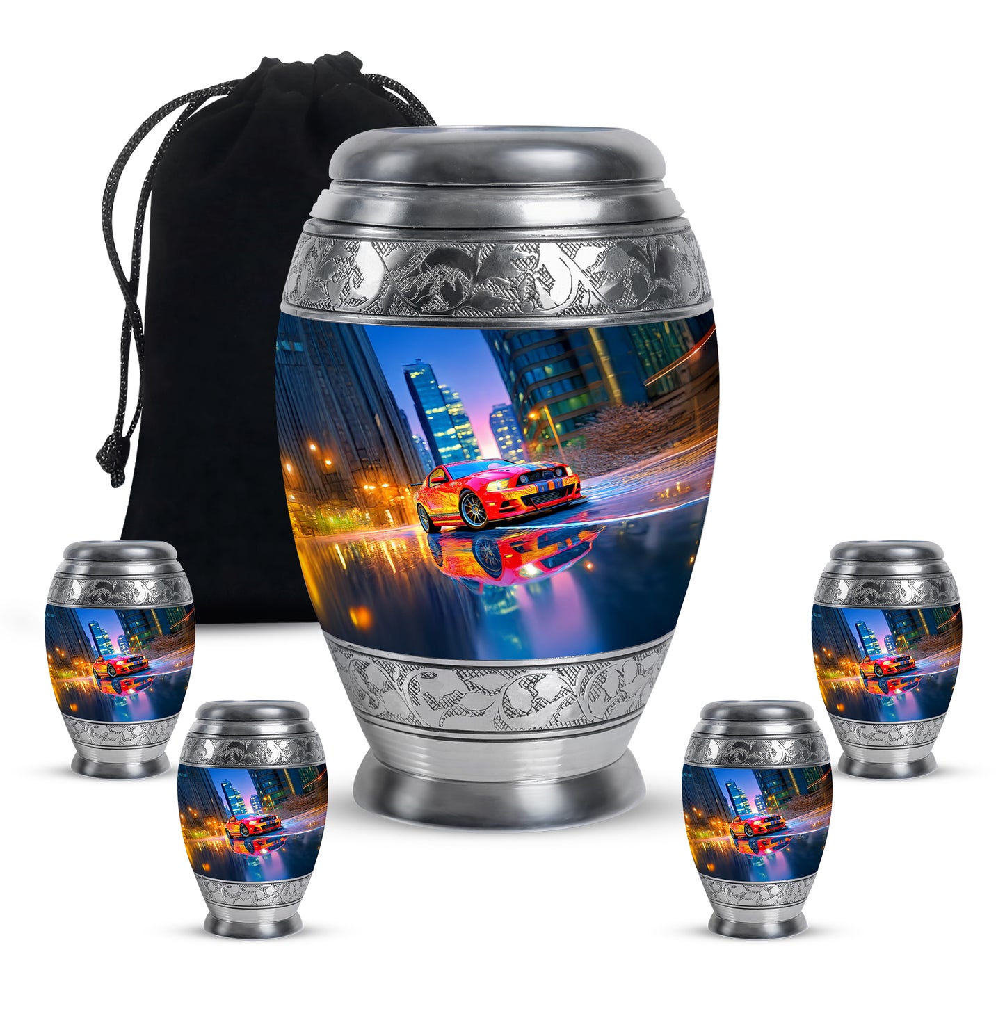 Bright Blue Car Cremation Urn detail view - royal car engraving with decorative scrollwork - memorial set with one large and four small urns