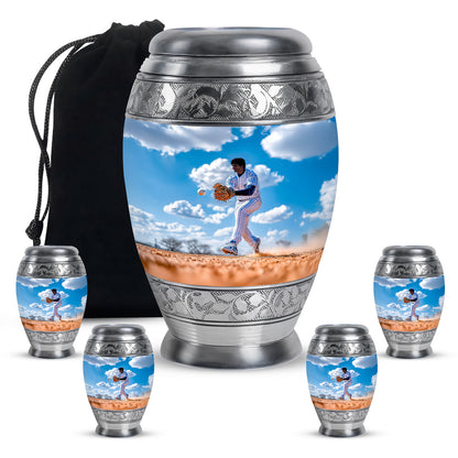 Dusty Blue Baseball Cremation Urn detail view - regal baseball design with crown-inspired accents - memorial set with one large and four small urns