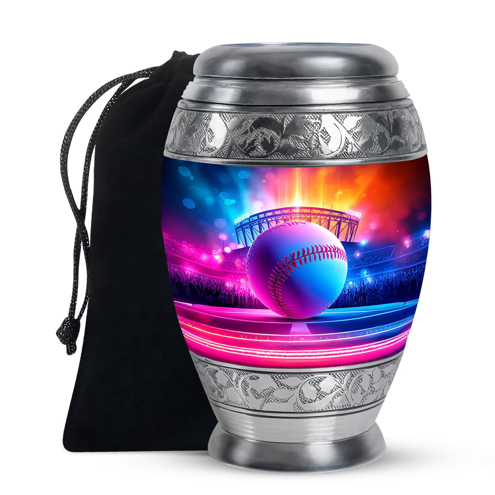 Vivid Blue Baseball Cremation Urn back view with polished surface - majestic baseball pattern with filigree border - full-size 10 inch 200 cubic inch adult cremation urn