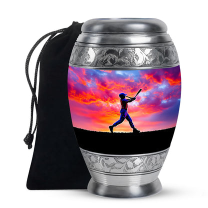 Violet Purple Baseball Cremation Urn back view with polished surface - royal baseball engraving with decorative scrollwork - full-size 10 inch 200 cubic inch adult cremation urn