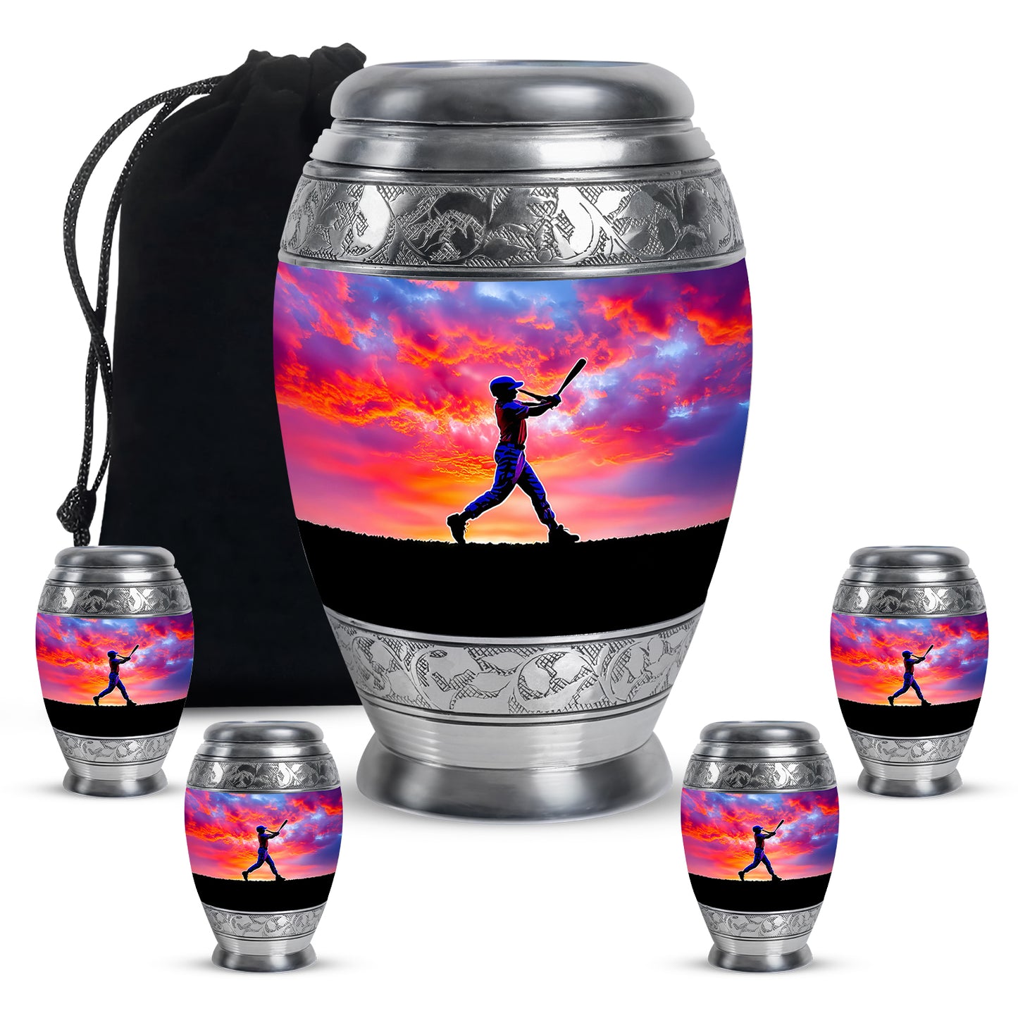 Twilight Purple Baseball Cremation Urn detail view - majestic baseball pattern with filigree border - memorial set with one large and four small urns