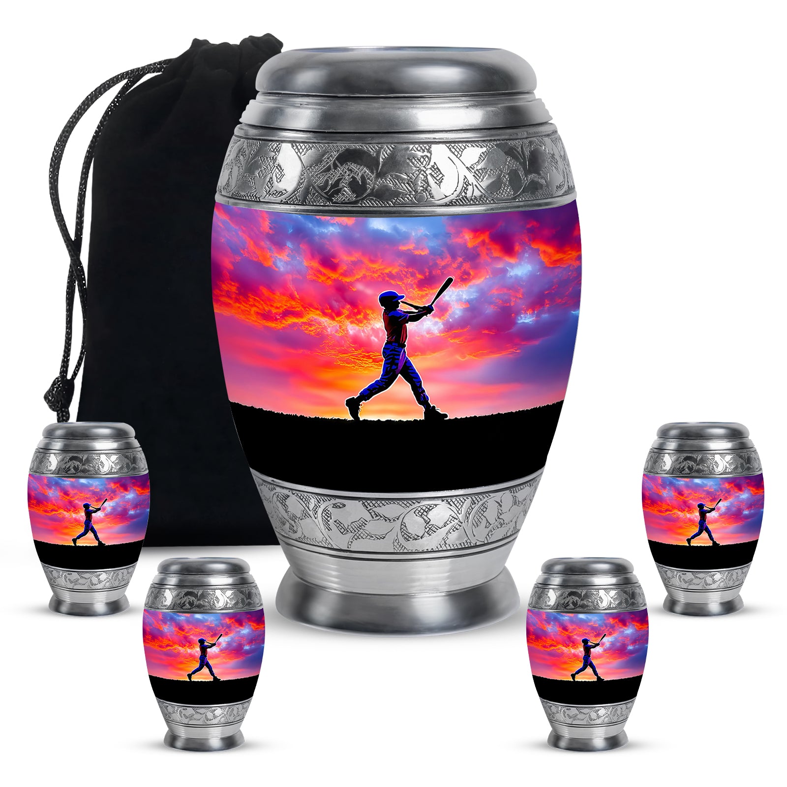 Twilight Purple Baseball Cremation Urn detail view - majestic baseball pattern with filigree border - memorial set with one large and four small urns