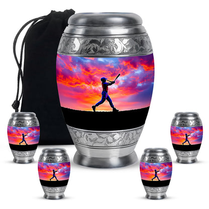 Twilight Purple Baseball Cremation Urn detail view - majestic baseball pattern with filigree border - memorial set with one large and four small urns