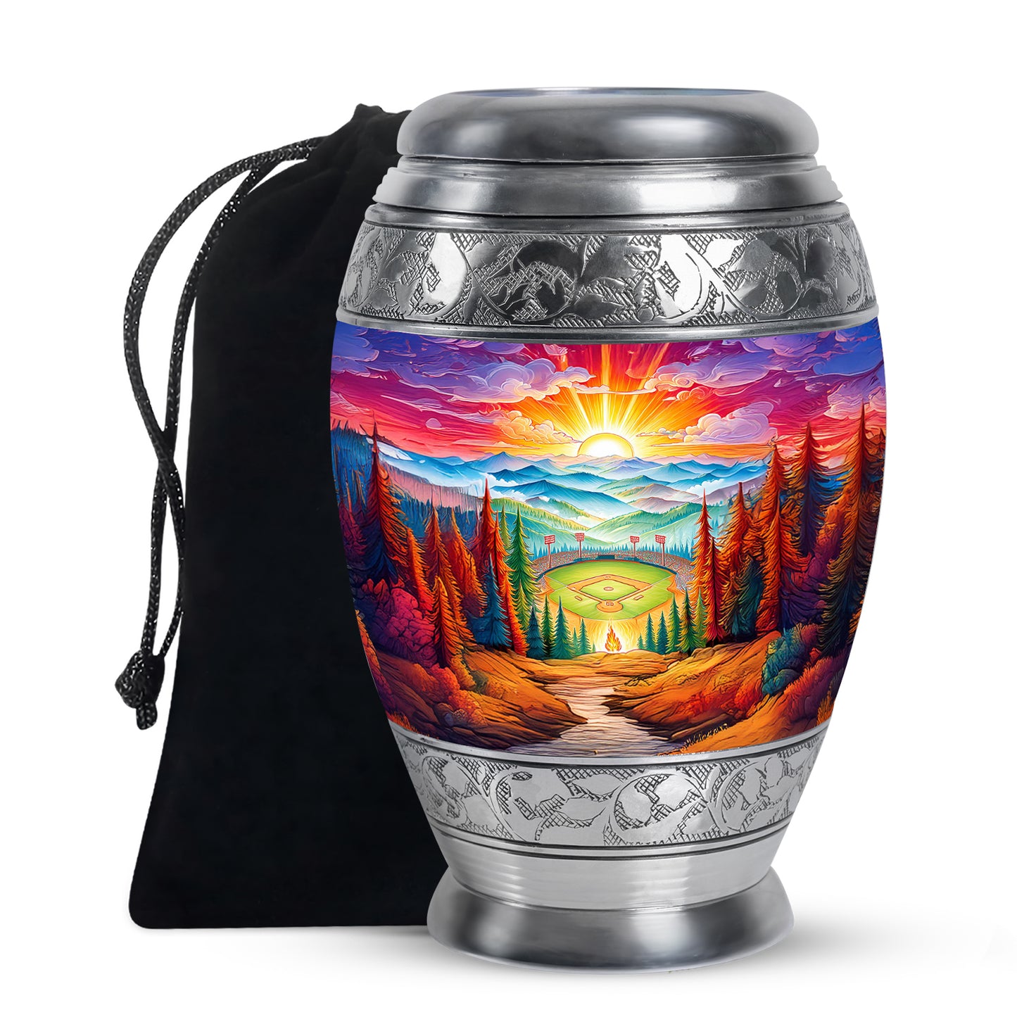 Wine Red Baseball Cremation Urn back view with polished surface - ornate monarch-style baseball relief on brushed aluminum - full-size 10 inch 200 cubic inch adult cremation urn