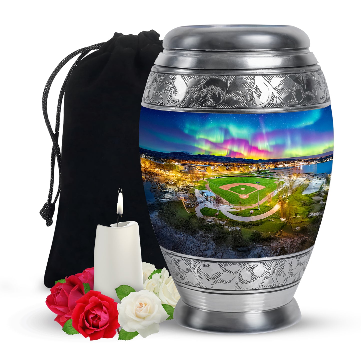 Powder Blue Baseball Cremation Urn back view with polished surface - ornate monarch-style baseball relief on brushed aluminum - full-size 10 inch 200 cubic inch adult cremation urn