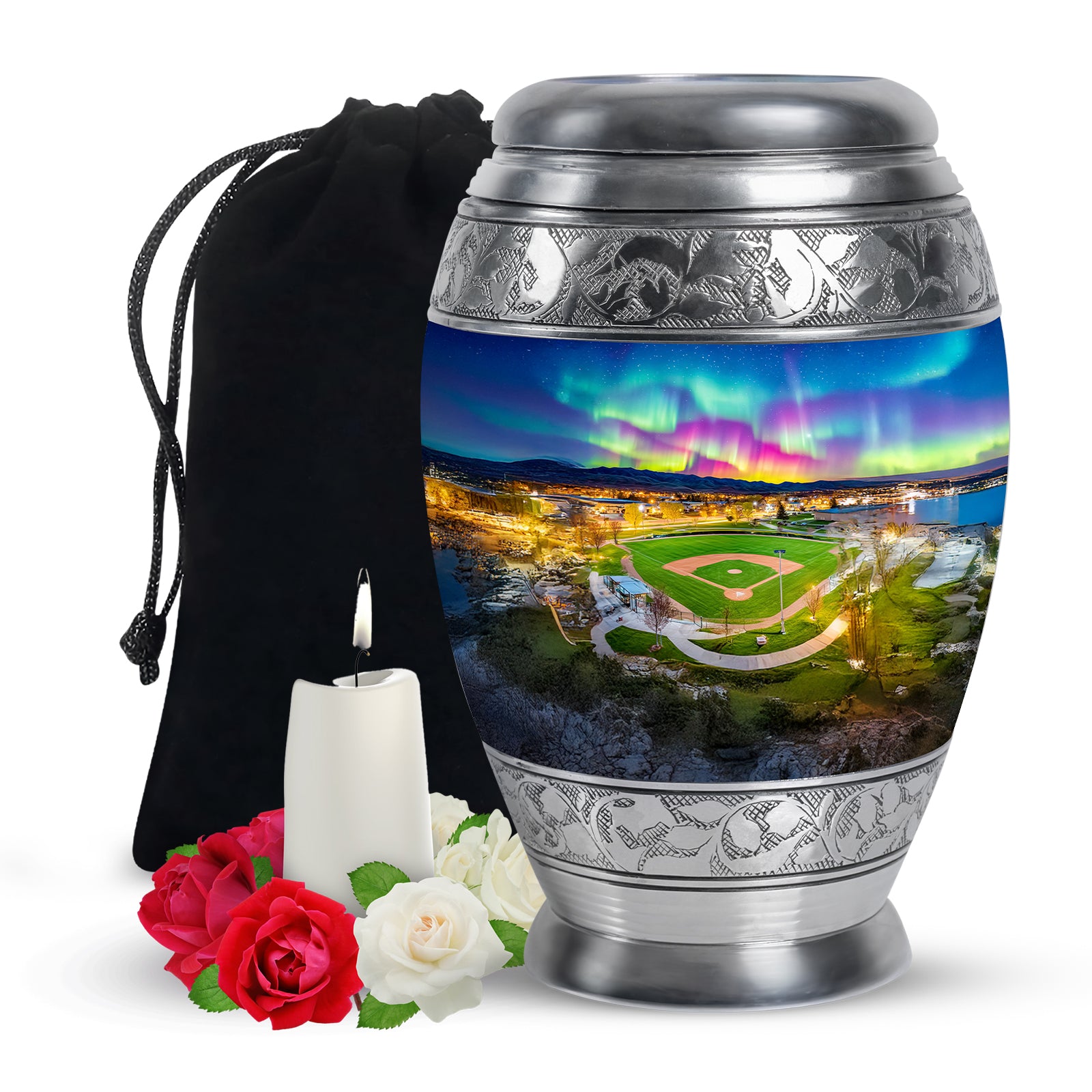 Powder Blue Baseball Cremation Urn back view with polished surface - ornate monarch-style baseball relief on brushed aluminum - full-size 10 inch 200 cubic inch adult cremation urn