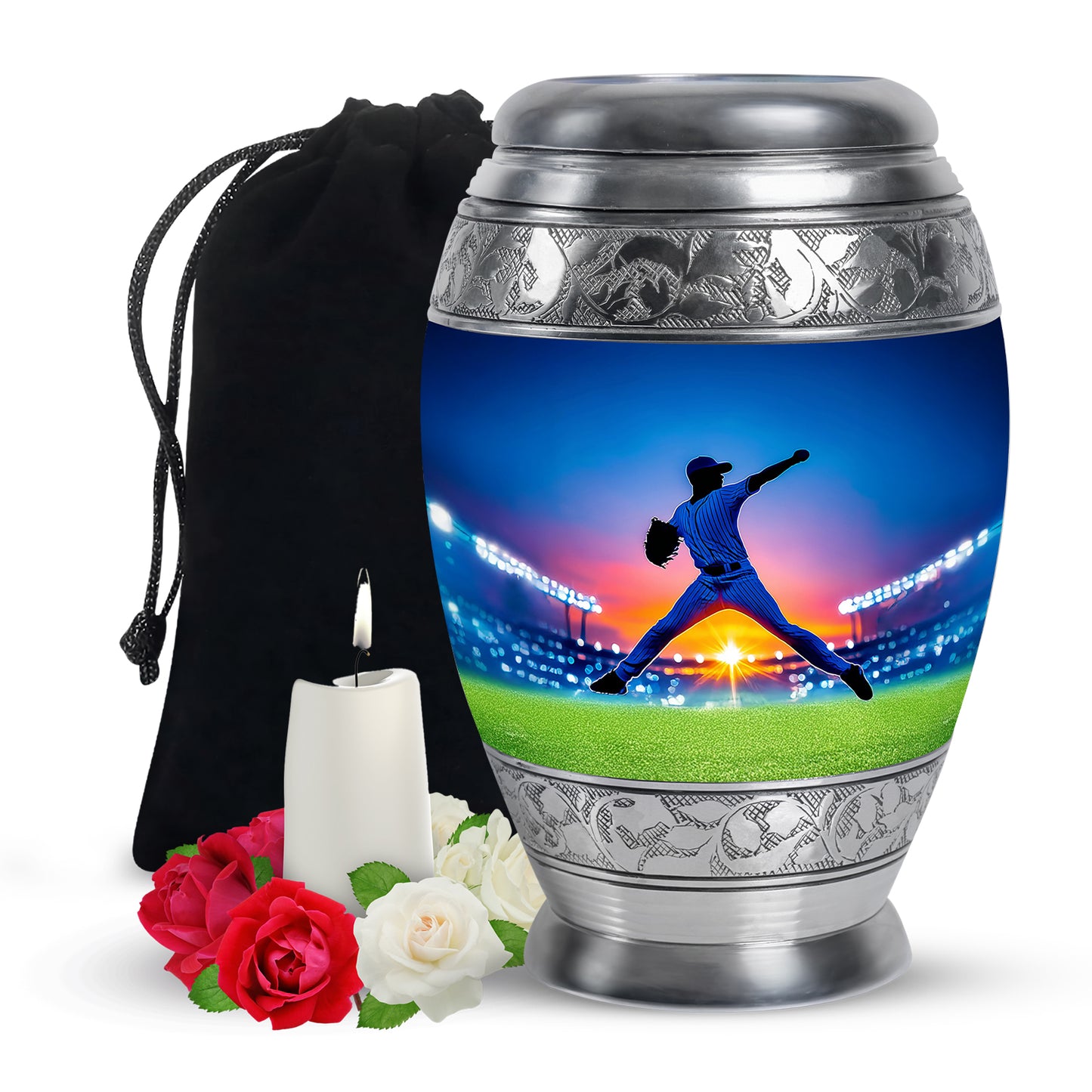 Indigo Baseball Cremation Urn back view with polished surface - ornate monarch-style baseball relief on brushed aluminum - full-size 10 inch 200 cubic inch adult cremation urn