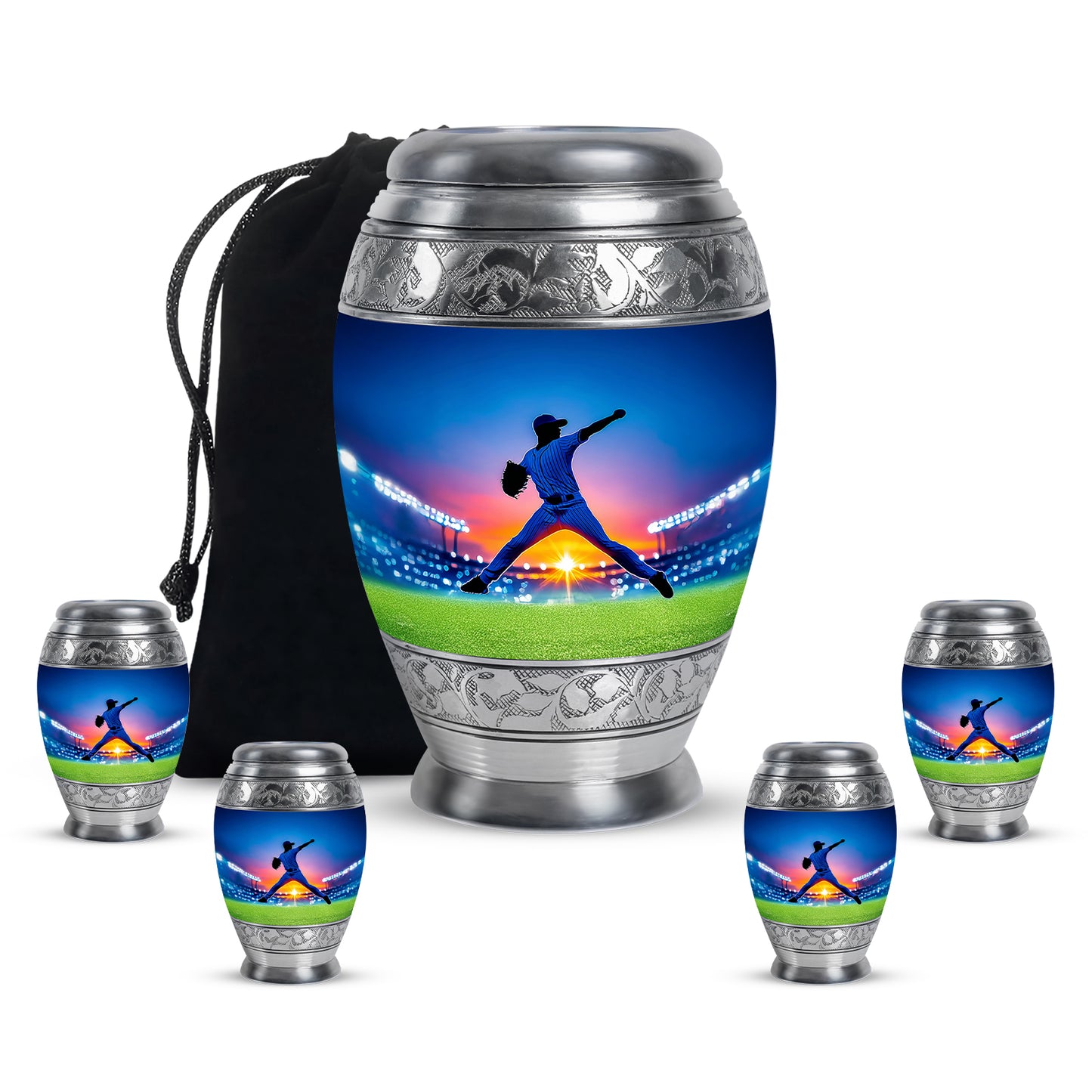 Bright Blue Baseball Cremation Urn detail view - royal baseball engraving with decorative scrollwork - memorial set with one large and four small urns