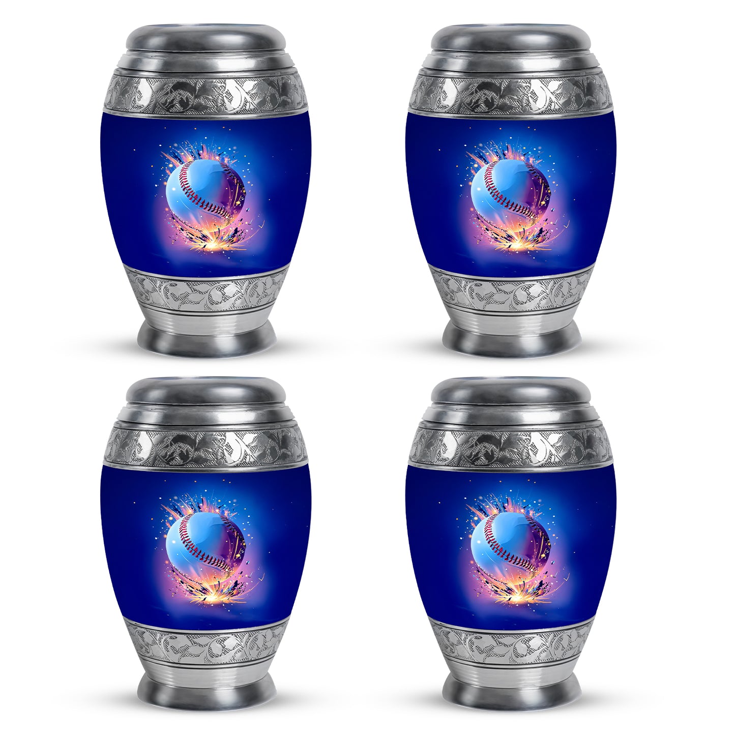 Calming Blue Baseball Cremation Urn urn with complimentary velvet bag - majestic baseball pattern with filigree border - 10 inch aluminum urn for cremated remains