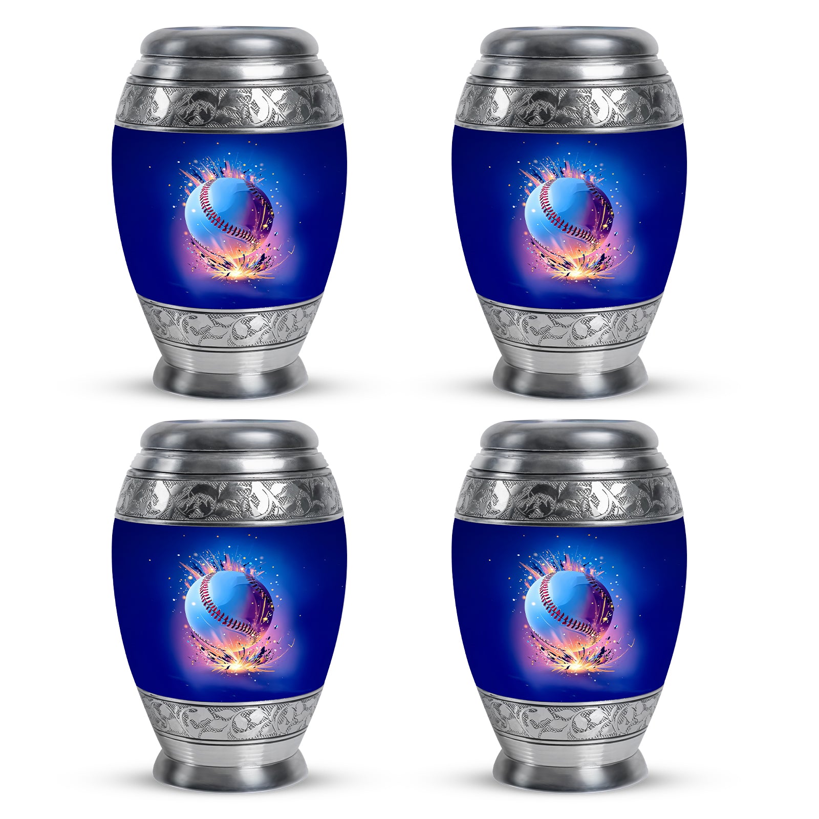Calming Blue Baseball Cremation Urn urn with complimentary velvet bag - majestic baseball pattern with filigree border - 10 inch aluminum urn for cremated remains
