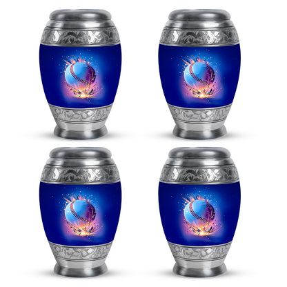 Calming Blue Baseball Cremation Urn urn with complimentary velvet bag - majestic baseball pattern with filigree border - 10 inch aluminum urn for cremated remains