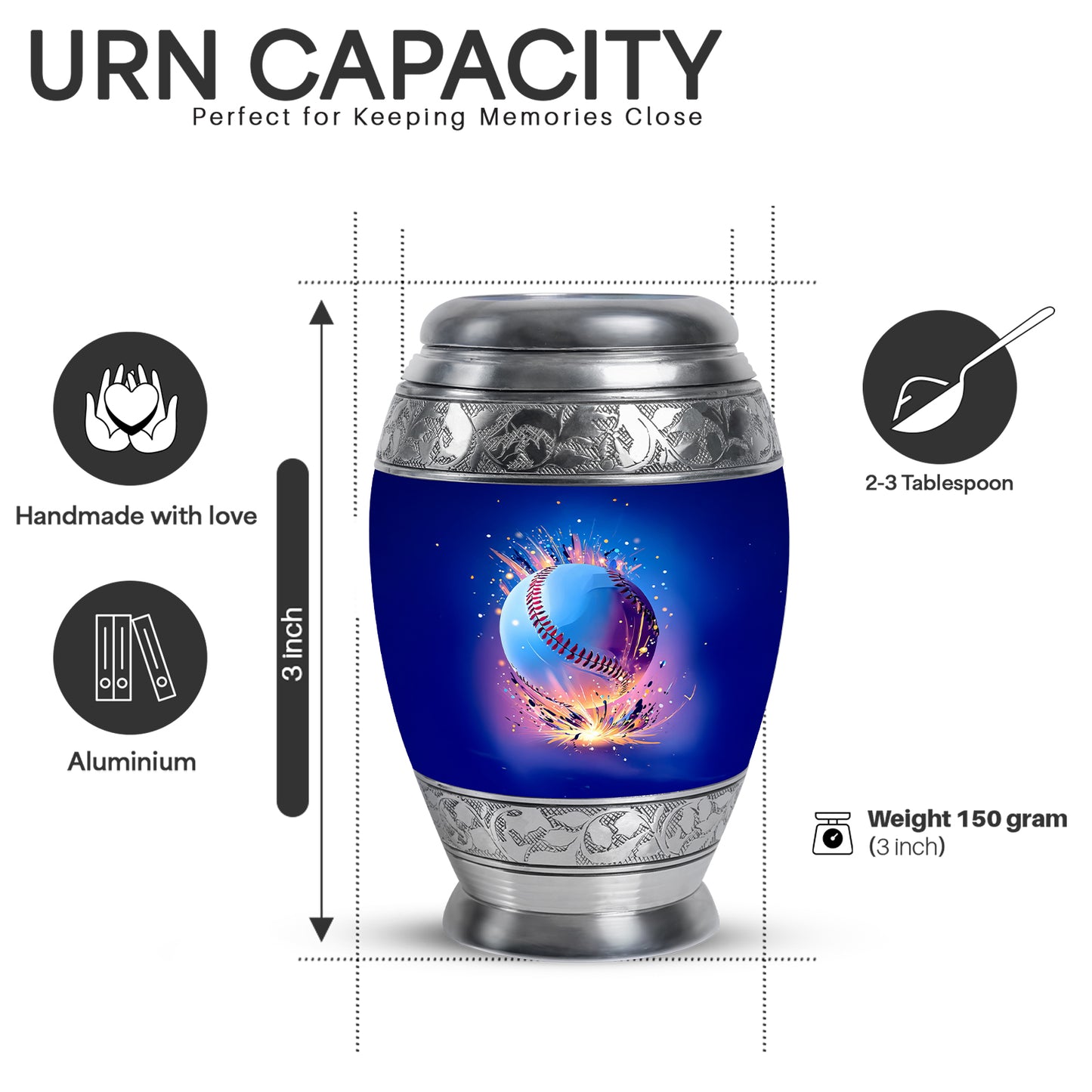 Indigo Baseball Cremation Urn lifestyle display on memorial shelf - ornate monarch-style baseball relief on brushed aluminum - mini keepsake memorial for portion of cremation ashes