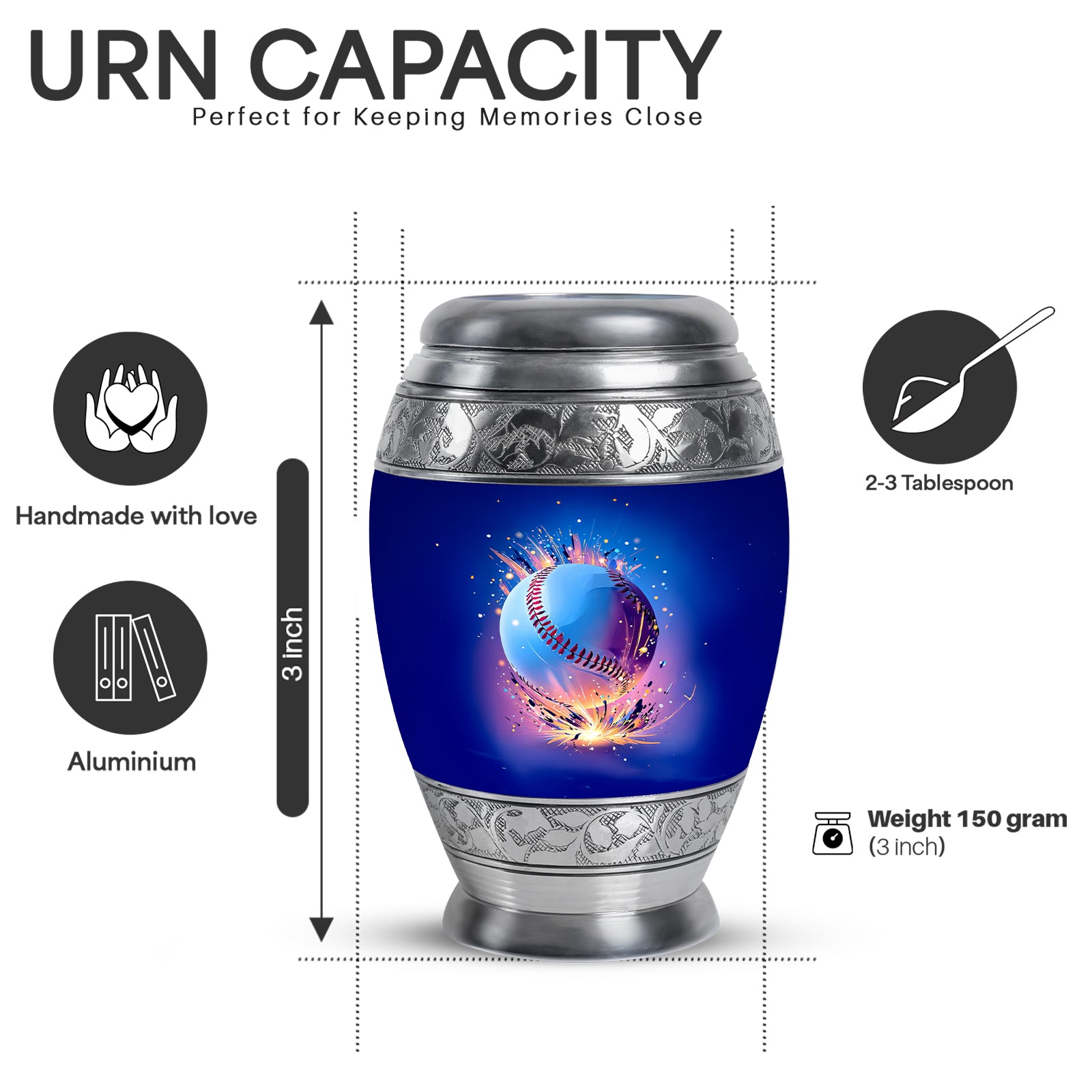 Indigo Baseball Cremation Urn lifestyle display on memorial shelf - ornate monarch-style baseball relief on brushed aluminum - mini keepsake memorial for portion of cremation ashes