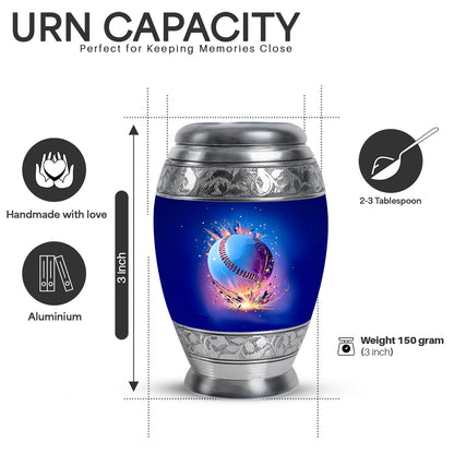 Indigo Baseball Cremation Urn lifestyle display on memorial shelf - ornate monarch-style baseball relief on brushed aluminum - mini keepsake memorial for portion of cremation ashes