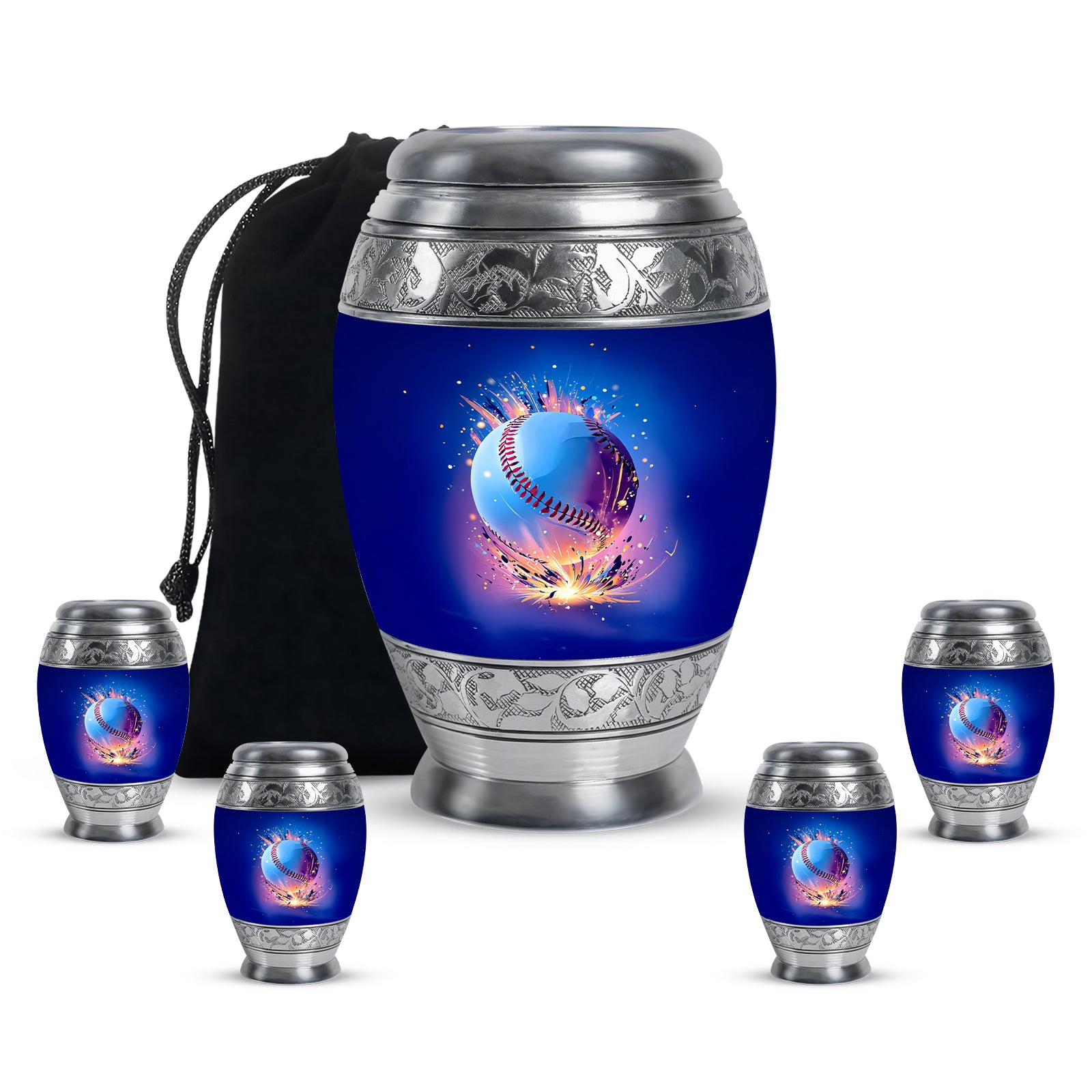 Calming Blue Baseball Cremation Urn detail view - royal baseball engraving with decorative scrollwork - memorial set with one large and four small urns