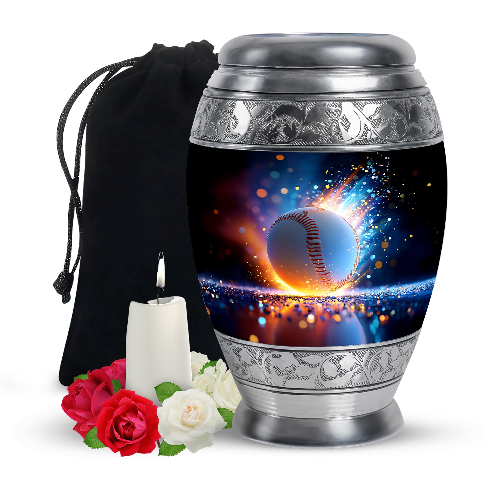 Powder Blue Baseball Cremation Urn back view with polished surface - ornate monarch-style baseball relief on brushed aluminum - full-size 10 inch 200 cubic inch adult cremation urn