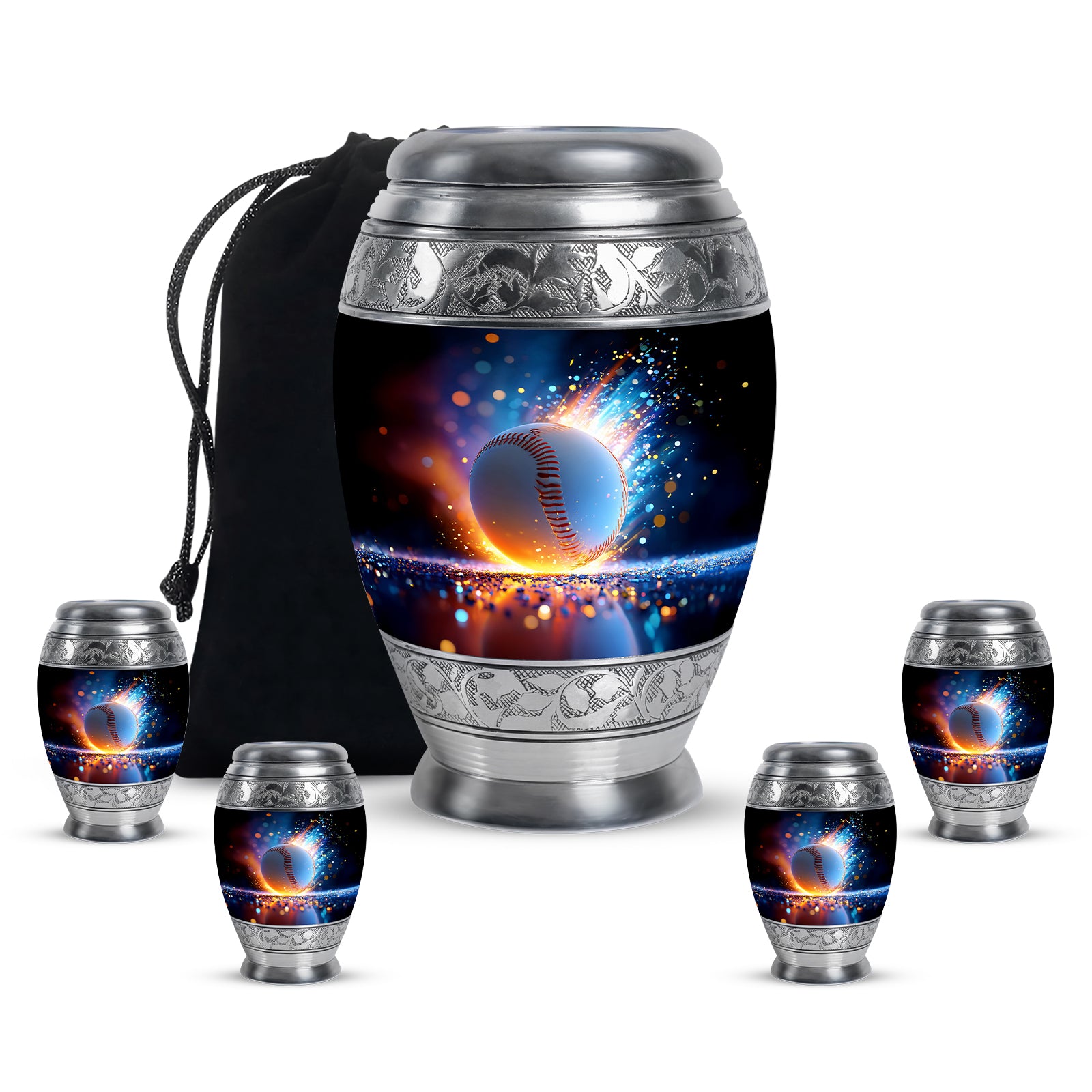 Serene Blue Baseball Cremation Urn detail view - royal baseball engraving with decorative scrollwork - memorial set with one large and four small urns