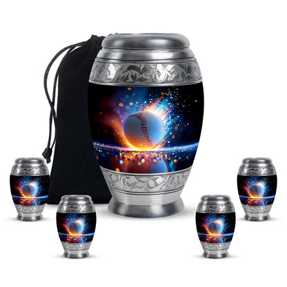 Serene Blue Baseball Cremation Urn detail view - royal baseball engraving with decorative scrollwork - memorial set with one large and four small urns