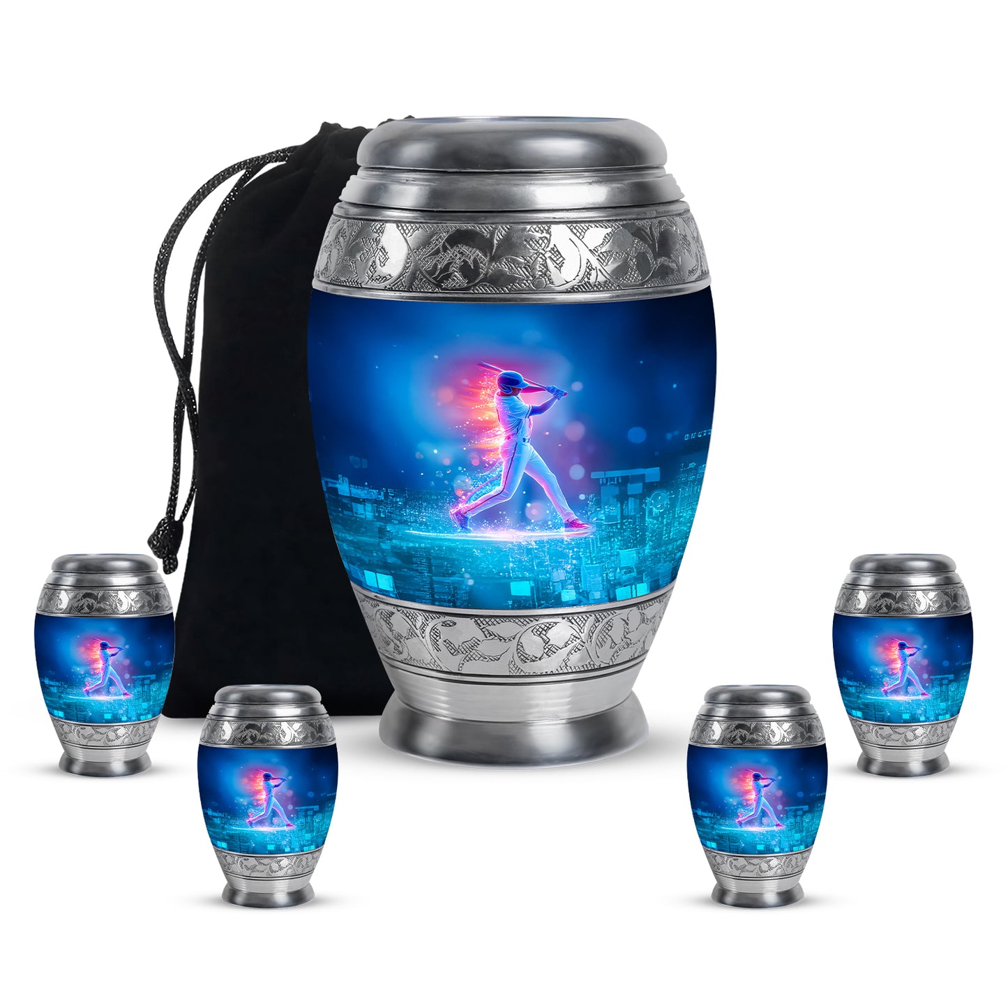 Bright Blue Baseball Cremation Urn detail view - majestic baseball pattern with filigree border - memorial set with one large and four small urns