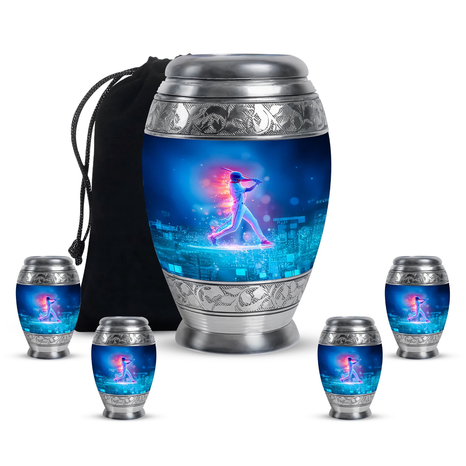 Bright Blue Baseball Cremation Urn detail view - majestic baseball pattern with filigree border - memorial set with one large and four small urns