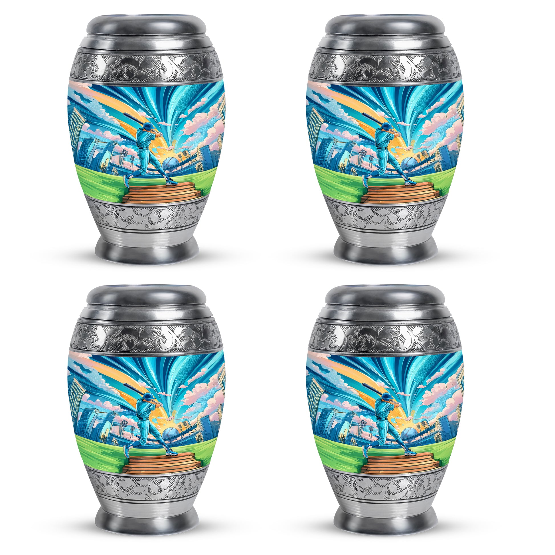 Ocean Teal Baseball Cremation Urn urn with complimentary velvet bag - regal baseball design with crown-inspired accents - 10 inch aluminum urn for cremated remains