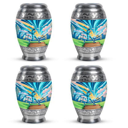 Ocean Teal Baseball Cremation Urn urn with complimentary velvet bag - regal baseball design with crown-inspired accents - 10 inch aluminum urn for cremated remains