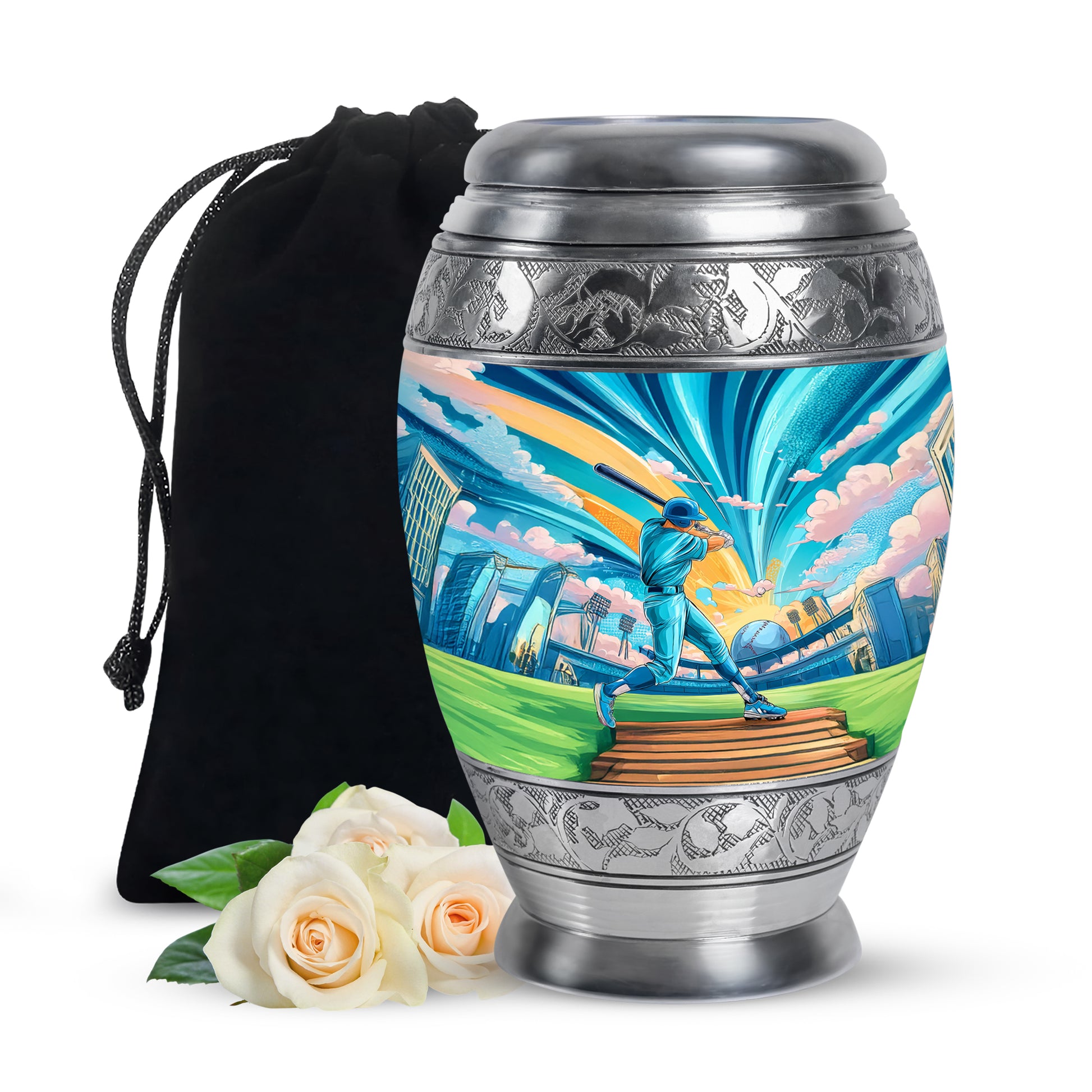 Mystic Teal Baseball Cremation Urn back view with polished surface - majestic baseball pattern with filigree border - full-size 10 inch 200 cubic inch adult cremation urn