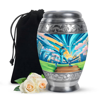 Mystic Teal Baseball Cremation Urn back view with polished surface - majestic baseball pattern with filigree border - full-size 10 inch 200 cubic inch adult cremation urn