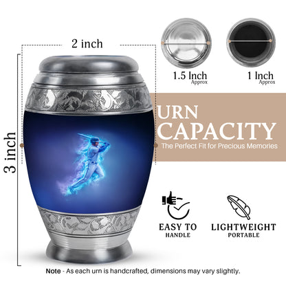 Calming Blue Baseball Cremation Urn lifestyle display on memorial shelf - royal baseball engraving with decorative scrollwork - mini keepsake memorial for portion of cremation ashes