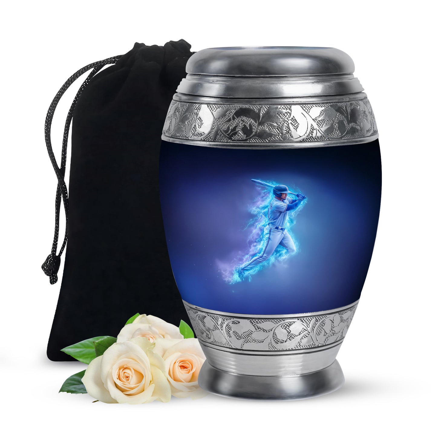 Bright Blue Baseball Cremation Urn back view with polished surface - royal baseball engraving with decorative scrollwork - full-size 10 inch 200 cubic inch adult cremation urn