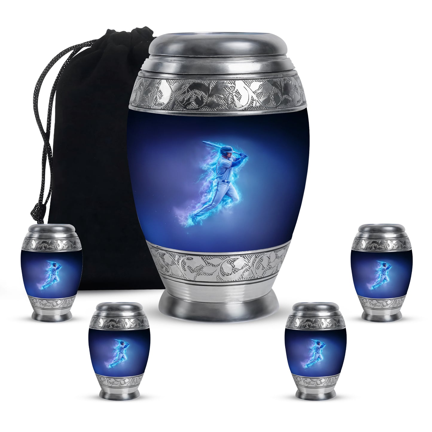Indigo Baseball Cremation Urn detail view - ornate monarch-style baseball relief on brushed aluminum - memorial set with one large and four small urns