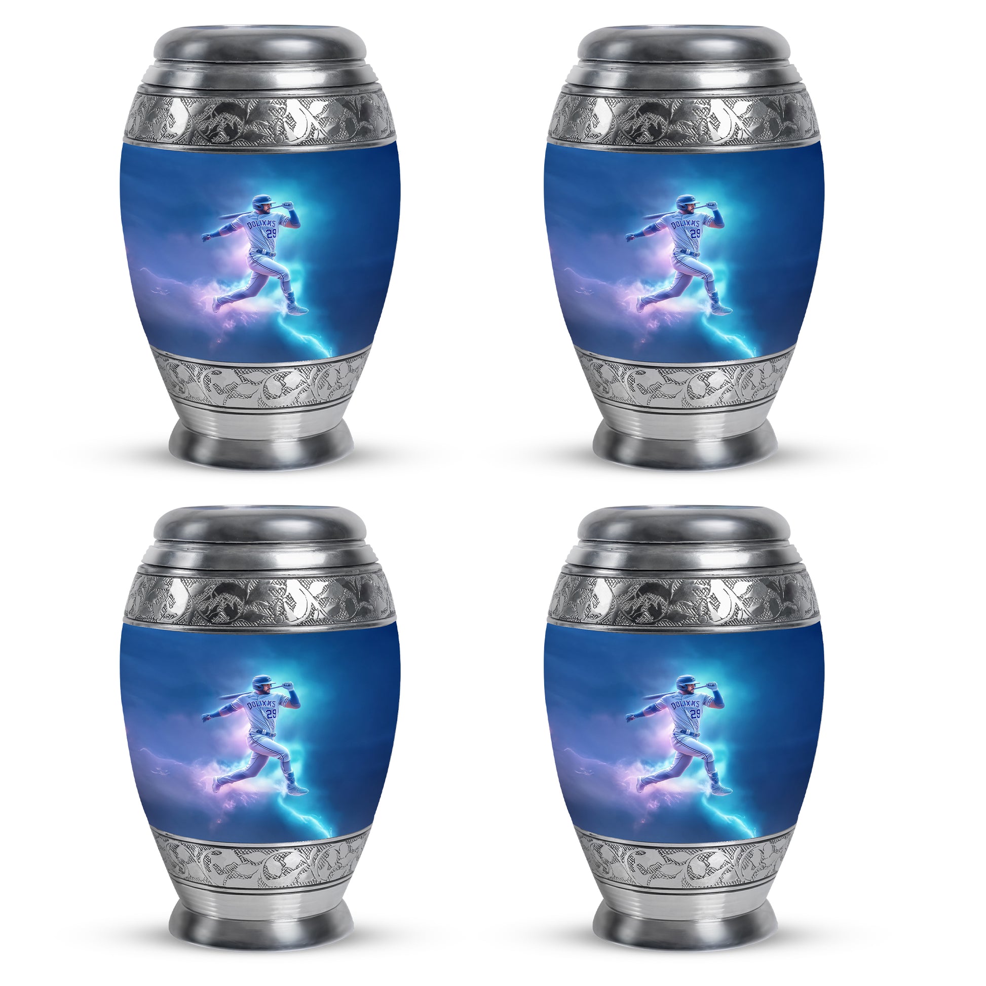 Soft Blue Baseball Cremation Urn urn with complimentary velvet bag - majestic baseball pattern with filigree border - 10 inch aluminum urn for cremated remains