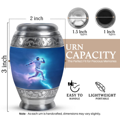 Calming Blue Baseball Cremation Urn lifestyle display on memorial shelf - majestic baseball pattern with filigree border - mini keepsake memorial for portion of cremation ashes