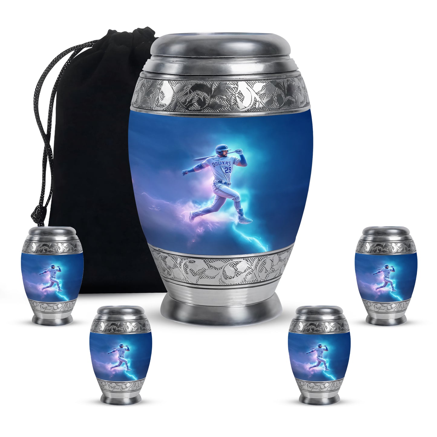 Slate Blue Baseball Cremation Urn detail view - ornate monarch-style baseball relief on brushed aluminum - memorial set with one large and four small urns