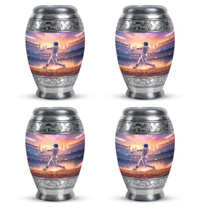 Coral Pink Baseball Cremation Urn urn with complimentary velvet bag - regal baseball design with crown-inspired accents - 10 inch aluminum urn for cremated remains