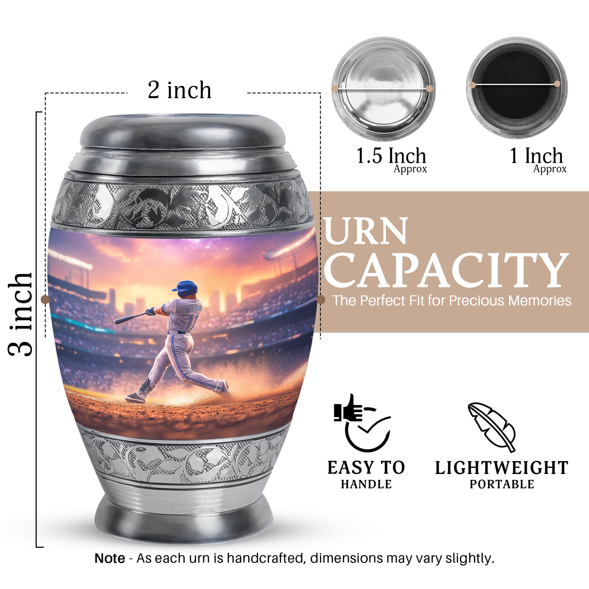 Dusty Pink Baseball Cremation Urn lifestyle display on memorial shelf - royal baseball engraving with decorative scrollwork - mini keepsake memorial for portion of cremation ashes