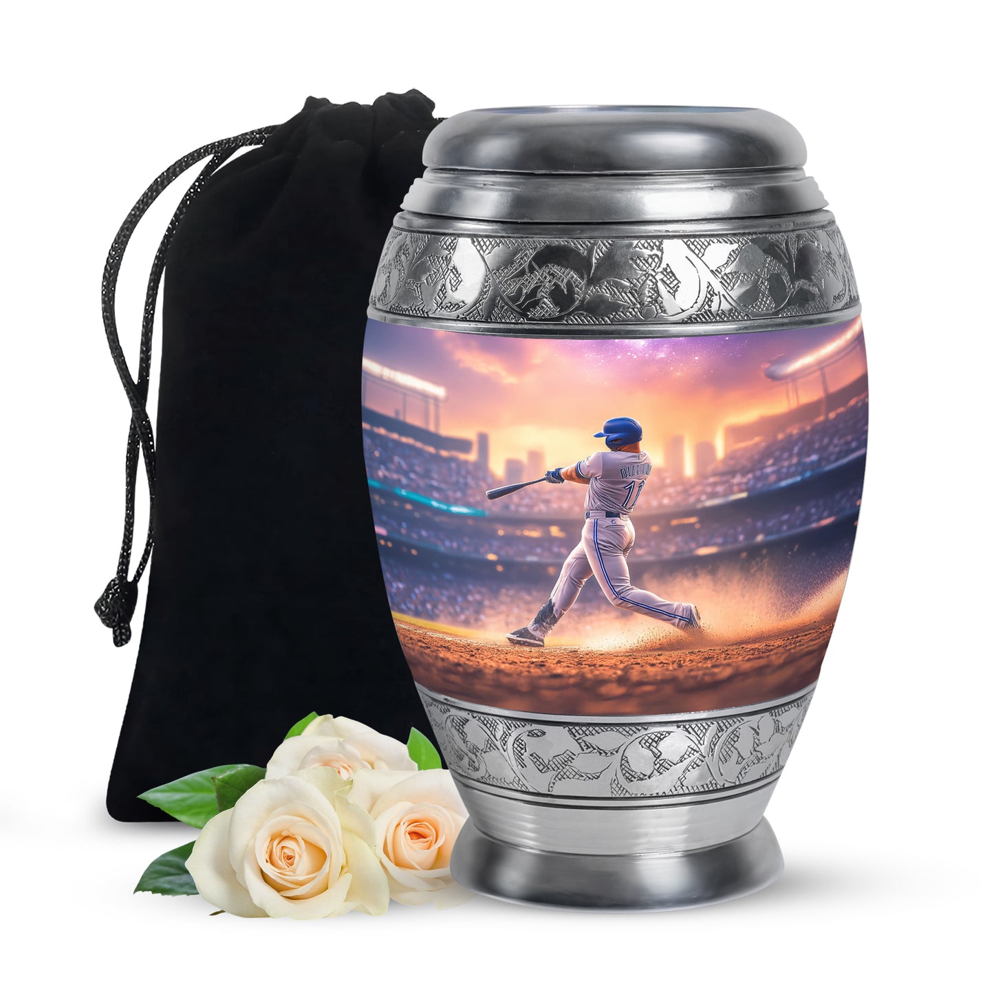 Blush Pink Baseball Cremation Urn back view with polished surface - regal baseball design with crown-inspired accents - full-size 10 inch 200 cubic inch adult cremation urn