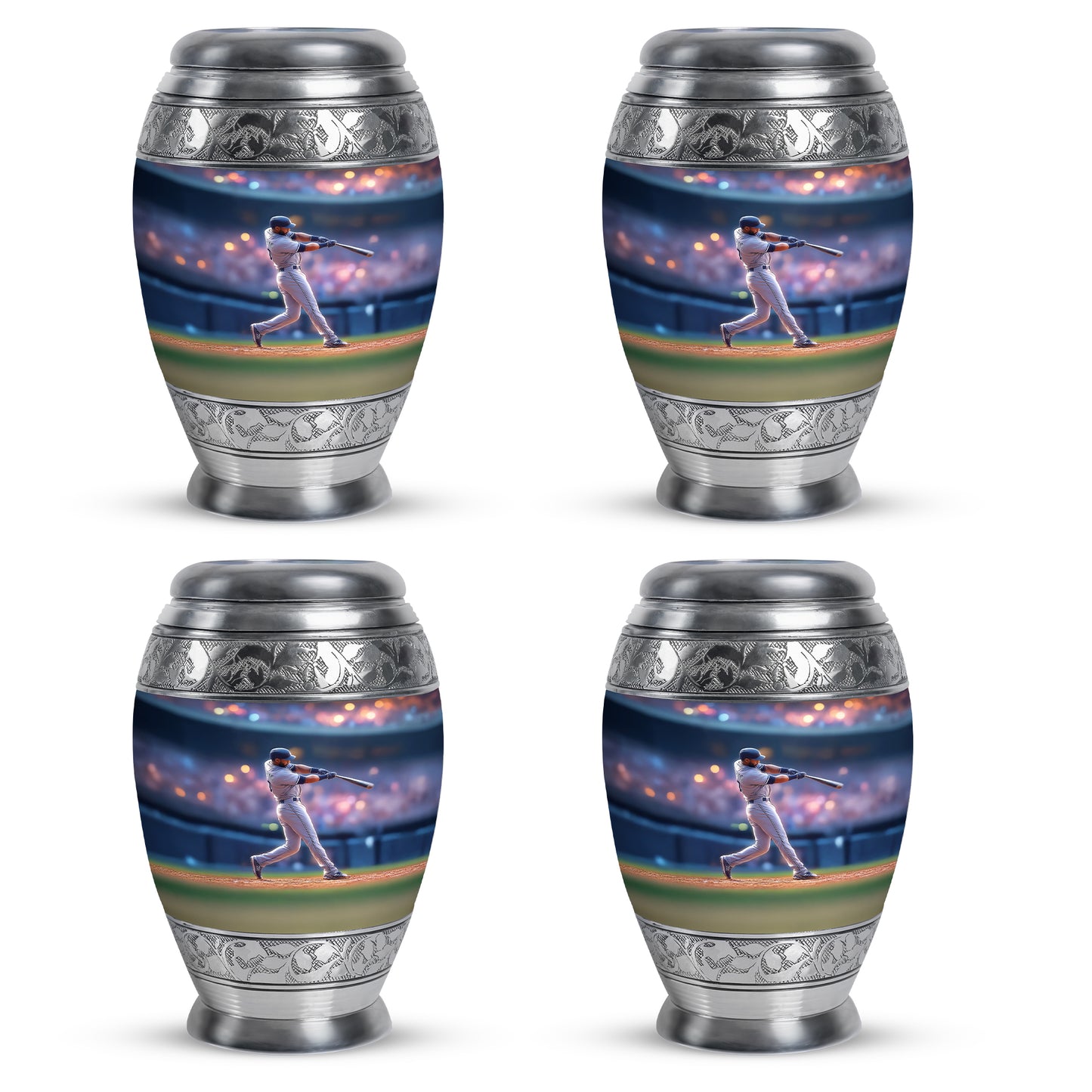 Serene Blue Baseball Cremation Urn urn with complimentary velvet bag - royal baseball engraving with decorative scrollwork - 10 inch aluminum urn for cremated remains