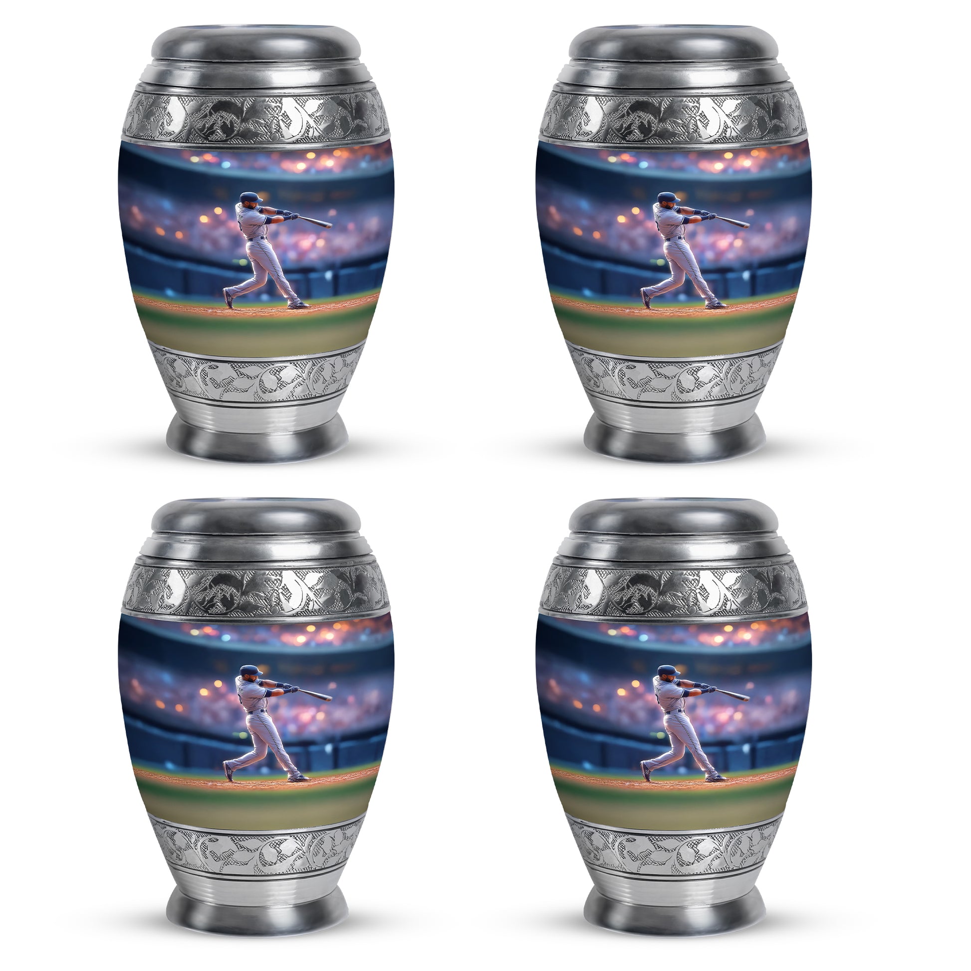 Serene Blue Baseball Cremation Urn urn with complimentary velvet bag - royal baseball engraving with decorative scrollwork - 10 inch aluminum urn for cremated remains