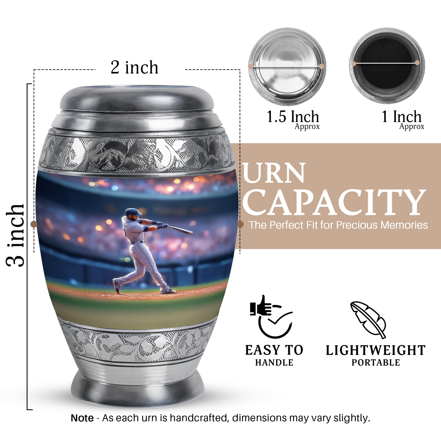 Cobalt Blue Baseball Cremation Urn lifestyle display on memorial shelf - royal baseball engraving with decorative scrollwork - mini keepsake memorial for portion of cremation ashes