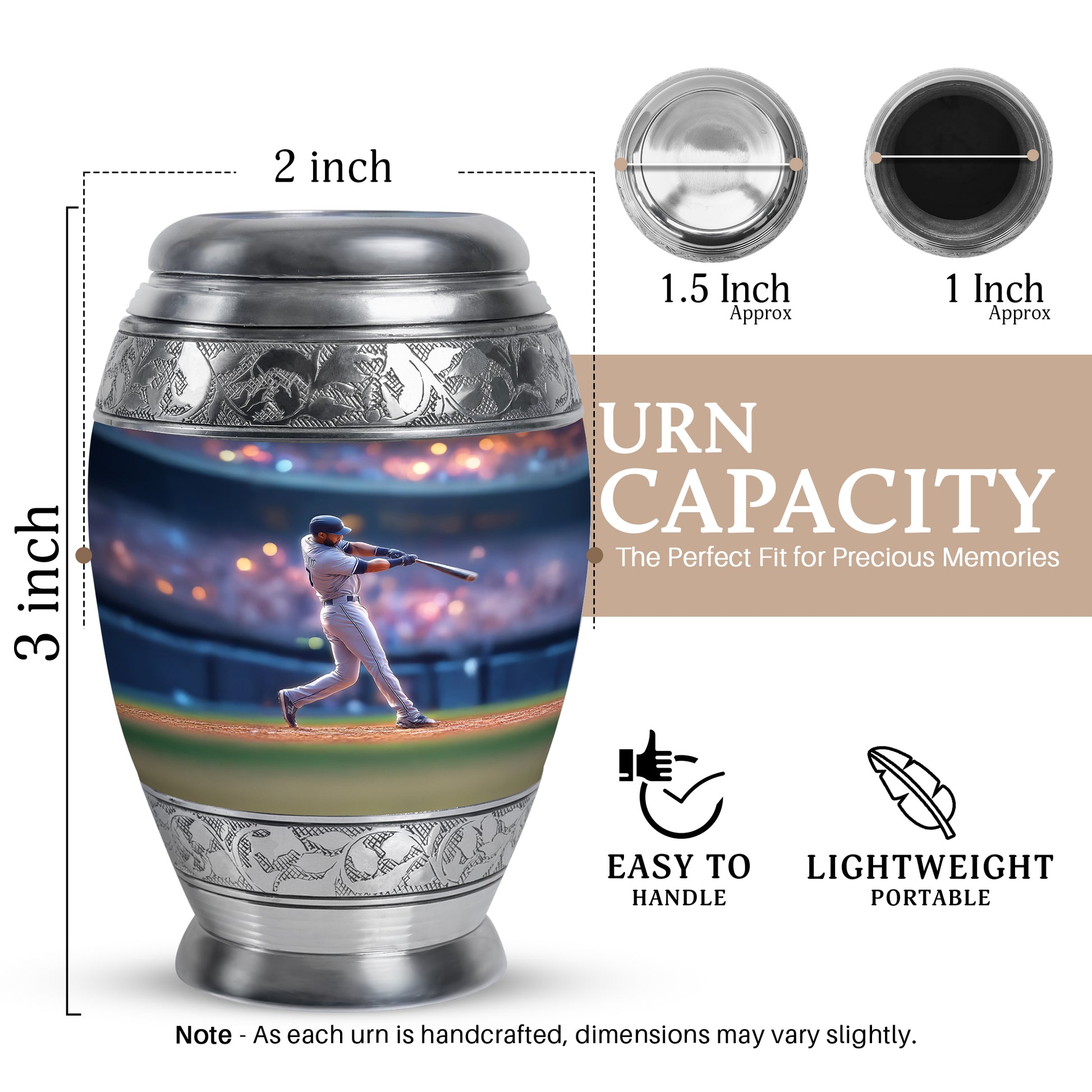 Cobalt Blue Baseball Cremation Urn lifestyle display on memorial shelf - royal baseball engraving with decorative scrollwork - mini keepsake memorial for portion of cremation ashes