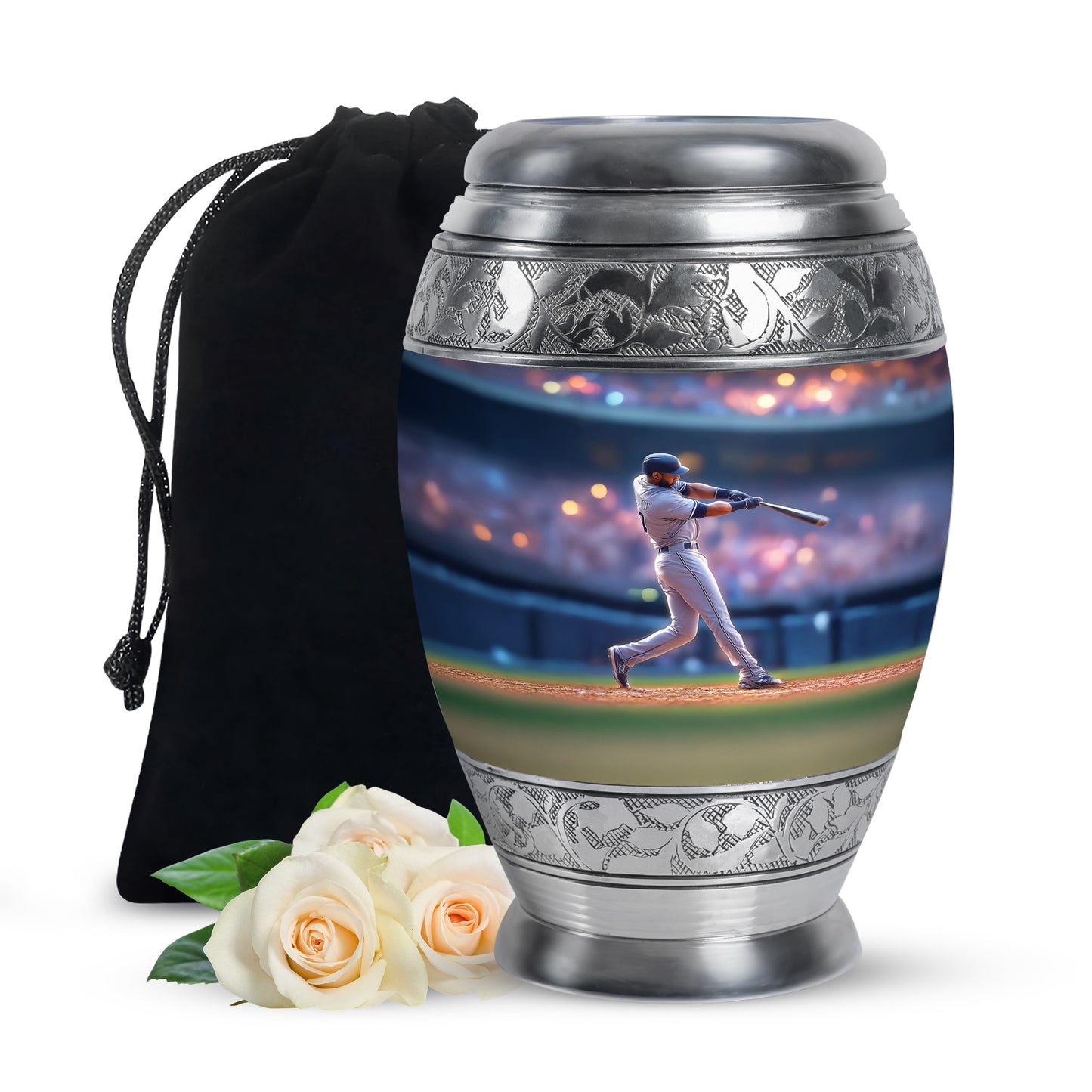 Indigo Baseball Cremation Urn back view with polished surface - regal baseball design with crown-inspired accents - full-size 10 inch 200 cubic inch adult cremation urn