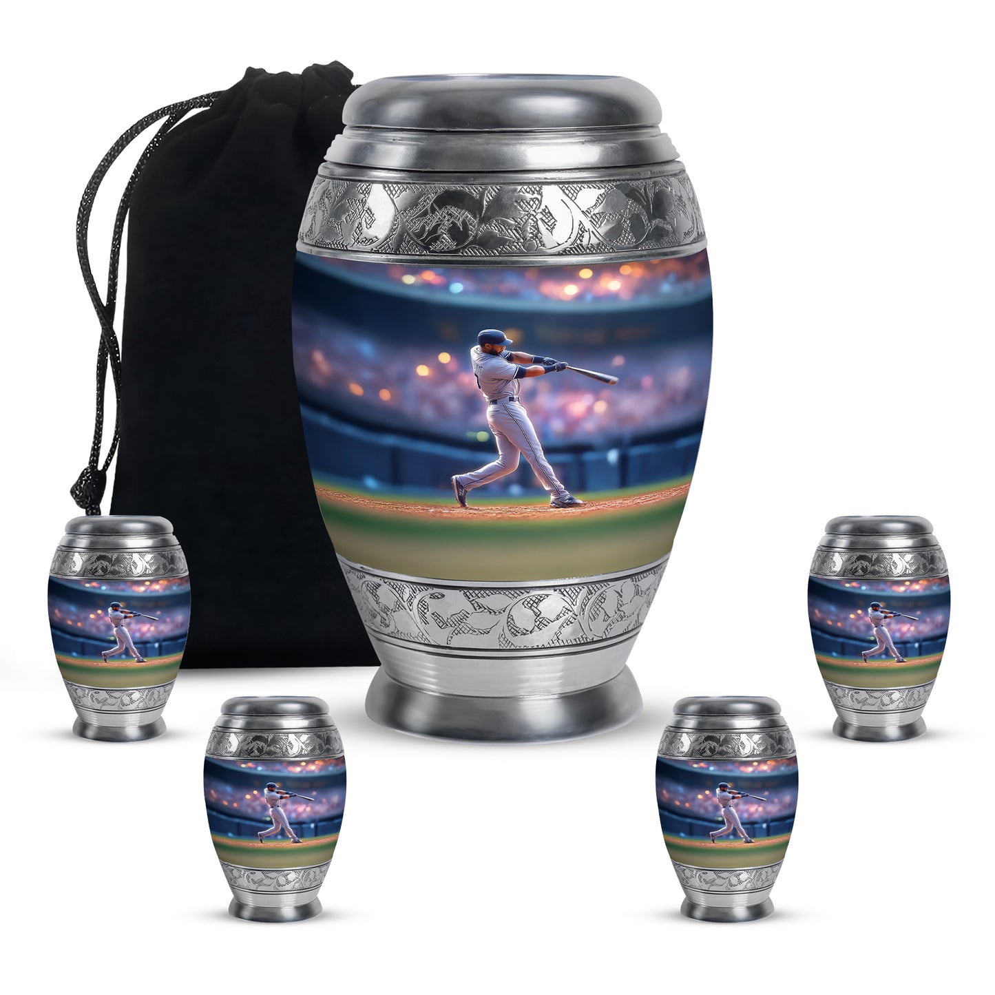 Steel Blue Baseball Cremation Urn detail view - royal baseball engraving with decorative scrollwork - memorial set with one large and four small urns